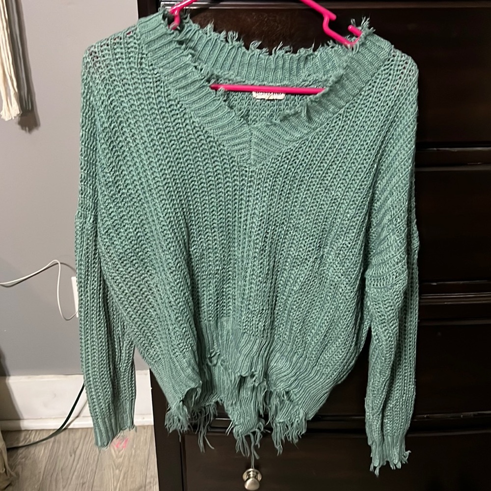 Distressed, Cropped Teal Sweater